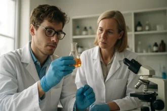 Két tudós ezüst-jodidot vizsgál a laborban