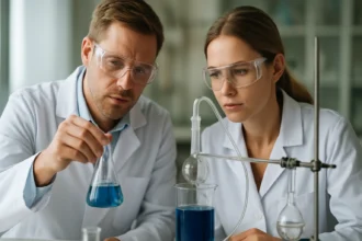 Két tudós laboratóriumban, vegyszereket keverve ezüst-oxid alkalmazásához