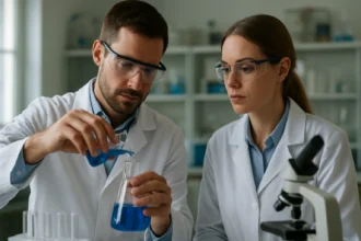 Két kutató laboratóriumban, ezüst-szulfid kísérlet során