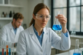 Női kutató tömegspektroszkópiához kapcsolódó kémiai vizsgálatot végez