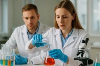 Kémiai kísérlet laboratóriumban E126 színezékkel