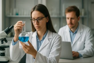 Női tudós laboratóriumban, fagyálló összetevőkkel foglalkozva.