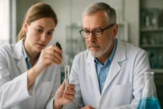 Két tudós laboratóriumban dolgozik, kémiai kísérletet végeznek.