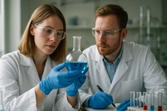 Két vegyész laboratóriumban Brillantfekete (E151) színanyag vizsgálata közben.