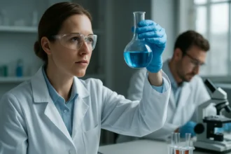 Laboratóriumi kísérlet: női kutató kémcsőben kéken folyadékot tart.