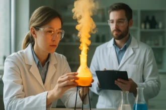 Két kutató laboratóriumban, metanol kísérletet végeznek.