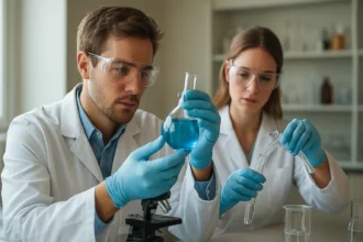 Két tudós laboratóriumban, kémiai vizsgálatot végezve.