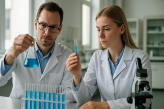 Kémikusok laboratóriumban kék folyadékokat vizsgálnak