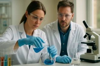 Két kutató laboratóriumi kísérletet végez, az asztalon üvegedényekkel.