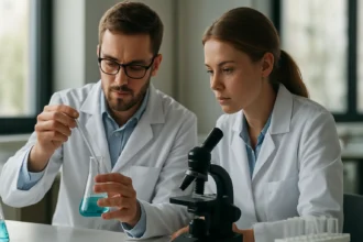 Két kutató laboratóriumban, egy kémcső és mikroszkóp előtt