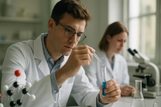 Kémikus laborban kémcsövön kísérletet végző fiatal férfi.