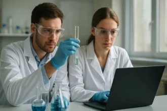 Két kutató fém-szendvics vegyületekkel dolgozik laboratóriumban.