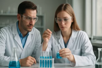 Két tudós laboratóriumban kémiai kísérletet végez