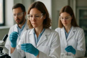 Kémikusok laborban fémrács kutatásával foglalkoznak.