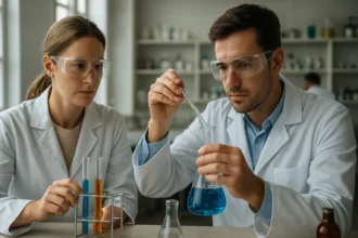 Kutatók a laborban brizáns robbanóanyagok vizsgálata során.