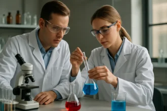 Laboratóriumi kutatók fenantrén vegyületekkel dolgoznak