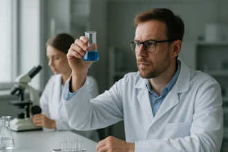 Kémikus laboratóriumban kék oldatot vizsgál egy fiatal férfi.