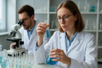 Két tudós laboratóriumban, kémiai kísérletek végzése közben.