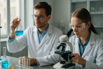 Két kutató a laborban, bromellit vizsgálat során, kémcsövekkel és mikroszkóppal.