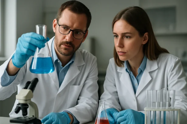 Két kutató laboratóriumban, kémcsővel és pépes oldattal dolgozik.