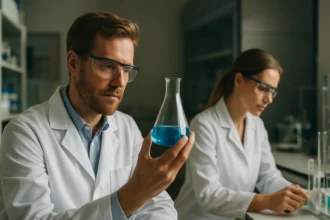 Két kémikus laboratóriumban, egy férfi folyadékot vizsgál egy kémcsőben.