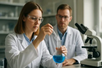 Két kutató laboratóriumban minta analízist végez