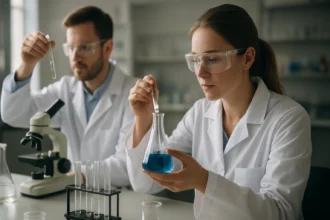 Két tudós laboratóriumban kémiai kísérletet végez, mikroszkóppal és kémcsövekkel.