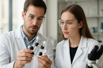 Két tudós molekulaszerkezetet elemez laboratóriumban.