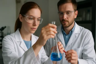 Két tudós kémiai reakciós kísérletet végez a laboratóriumban.