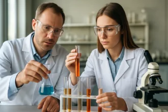 Két kémikus laboratóriumi kísérlet közben, különböző folyadékokat vizsgálnak