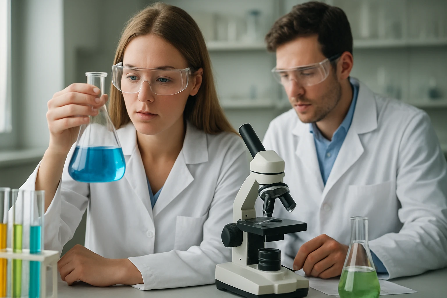 Két fiatal kutató laboratóriumban kémiai kísérletet végez