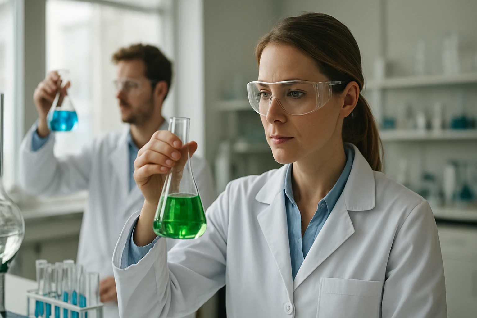 Két tudós laboratóriumban kémcsövekkel és vegyi anyagokkal dolgozik.
