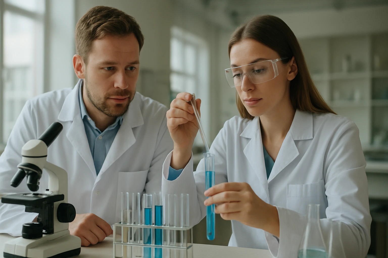 Két tudós laboratóriumban kísérletezik kémiai anyagokkal