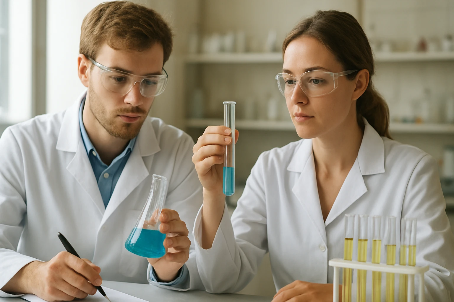 Két vegyész laboratóriumban kémiai kísérleteket végez