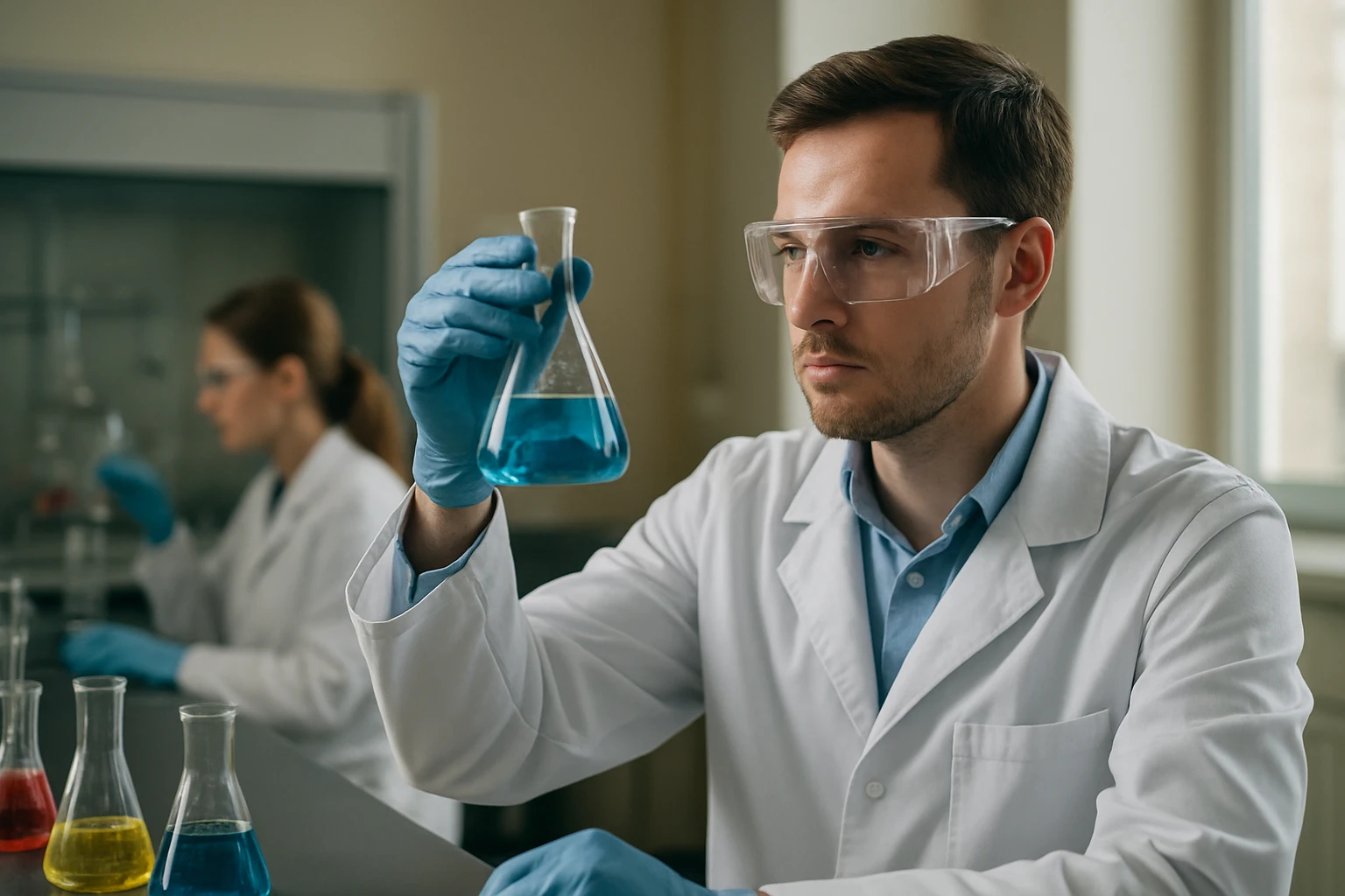 Kutató laboratóriumban kék oldatot vizsgál