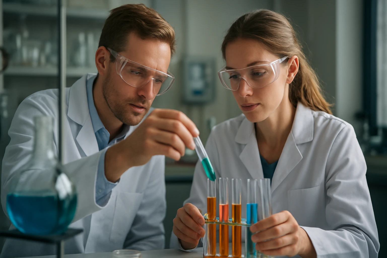 A vaku-fotolízis technikája és alkalmazási területei Két kutató laboratóriumban a vaku-fotolízis kísérletén dolgozik.