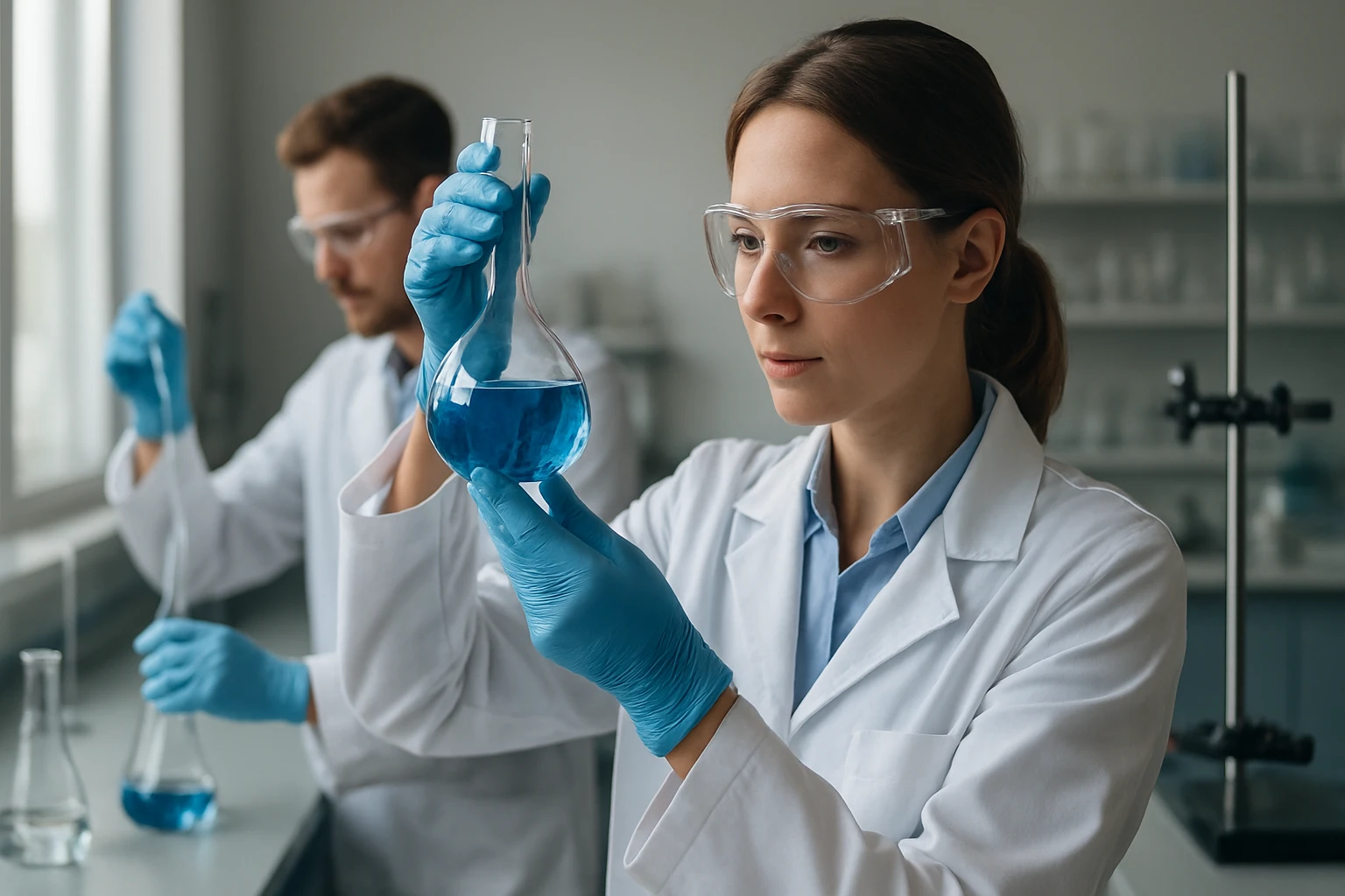 Kémikusok laboratóriumban alacsony hőmérsékleti kísérleteket végeznek.