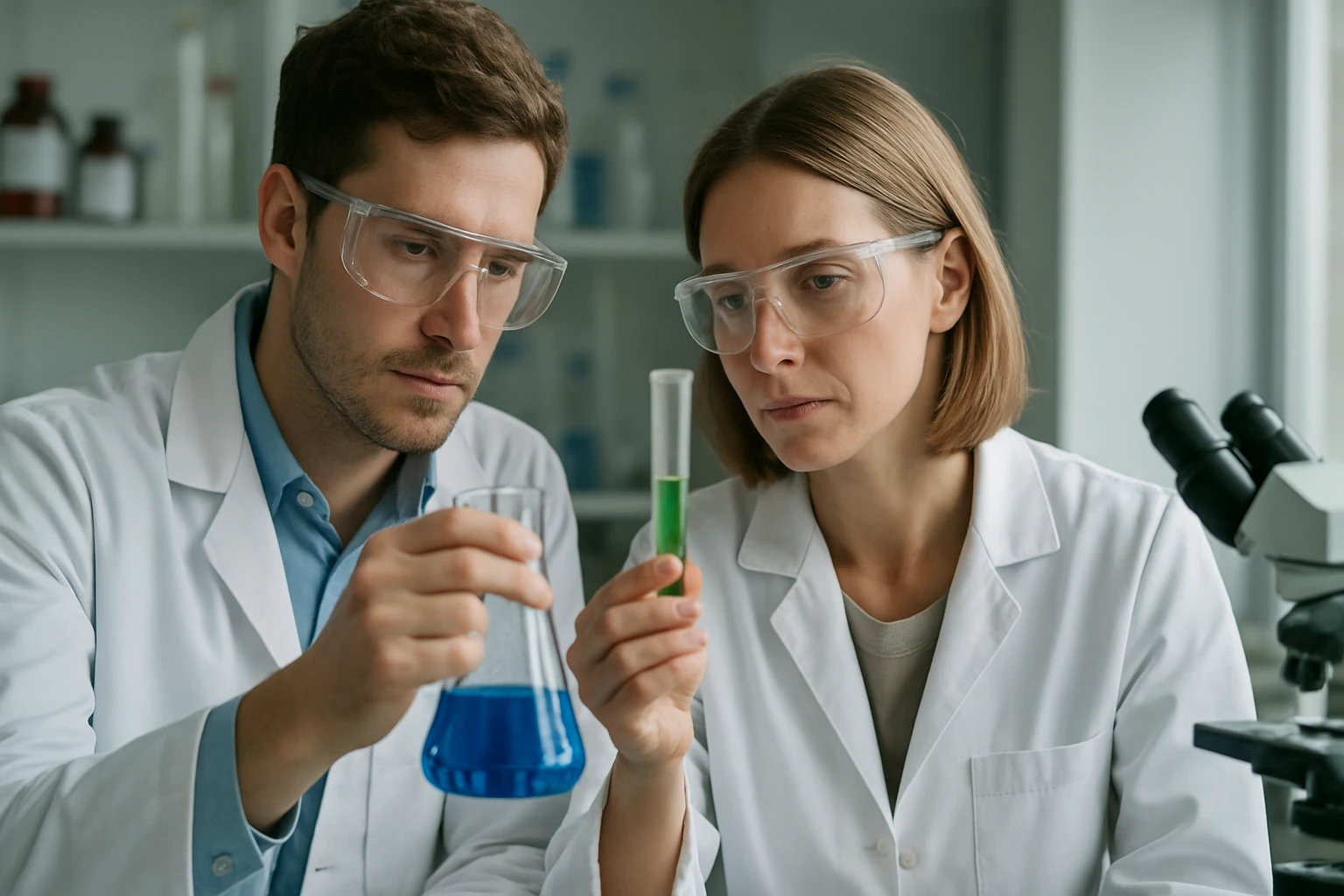 Két tudós, akik kémiai kísérletet végeznek laboratóriumban