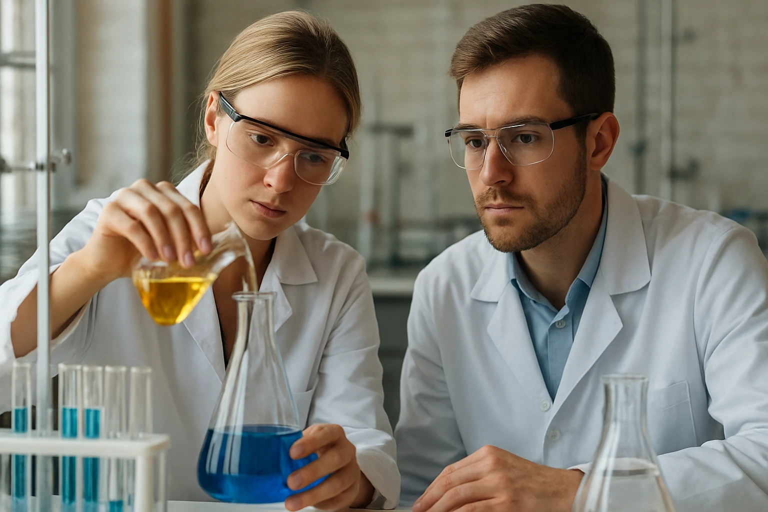 Két vegyész laboratóriumban kémiai kísérletet végez