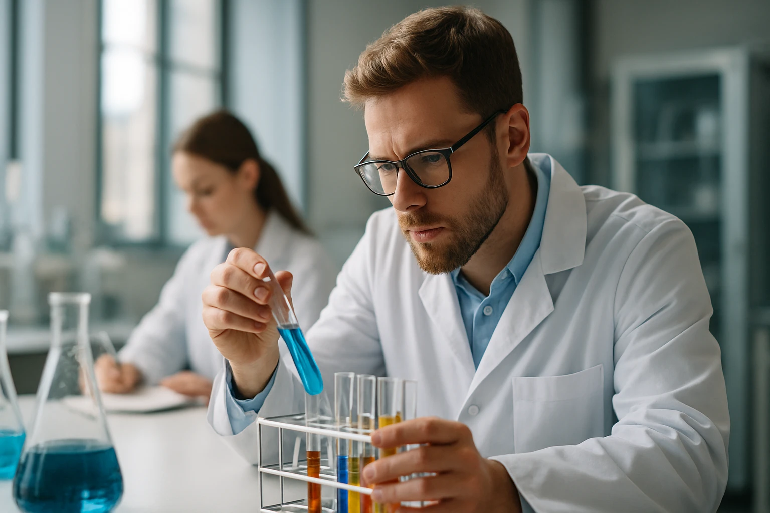 Laboratóriumi kísérlet, kémikus színes vegyszerekkel dolgozik.