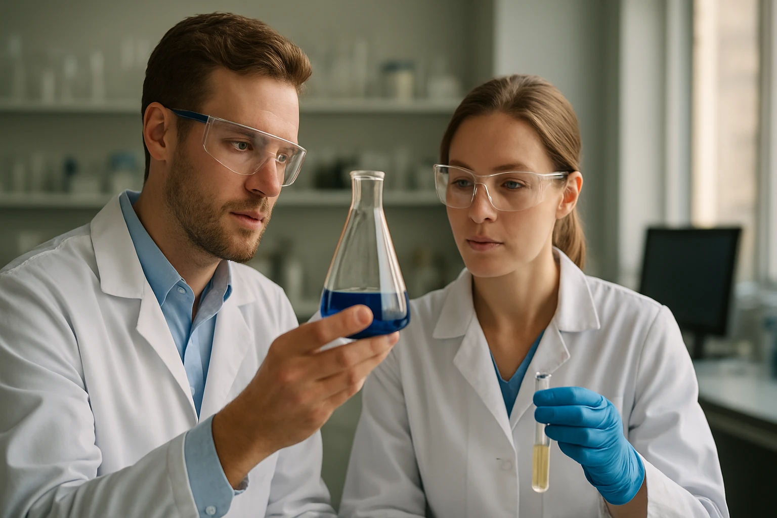 A 2-hidroxietil-amin: képlete, jellemzői és alkalmazási területei Két kutató laboratóriumi kísérletet végez különböző folyadékokkal.