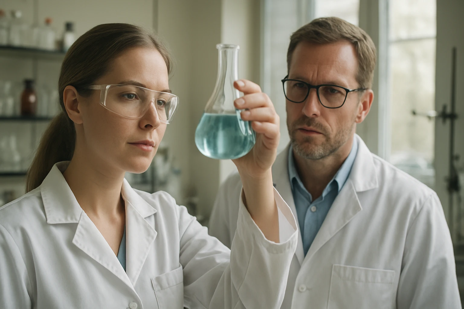 Két tudós laboratóriumi környezetben, egy kémcsövet vizsgálnak.