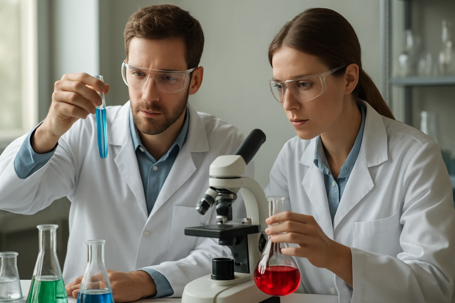 Két kémikus vizsgál egy homonukleáris molekulát laboratóriumban.