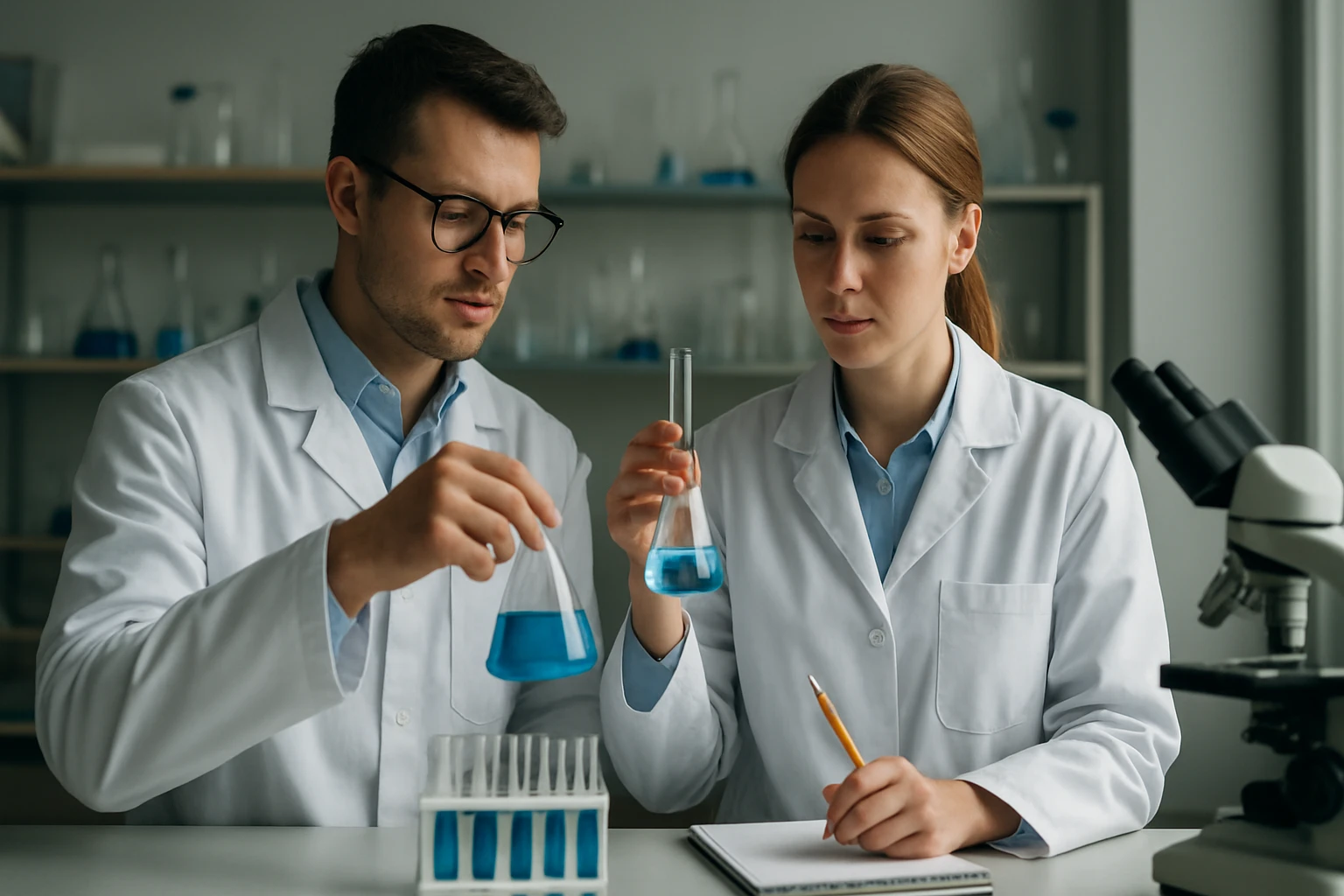 Alan Graham MacDiarmid: Ki volt ő és miért jelentős a munkássága? Két tudós kémiai kísérletet végez laboratóriumban.