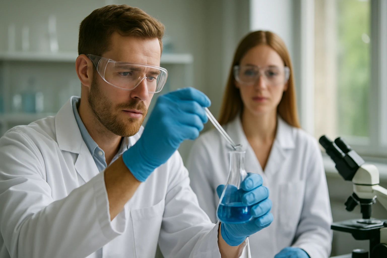 Kutatók almasav sókat vizsgálnak laboratóriumban.