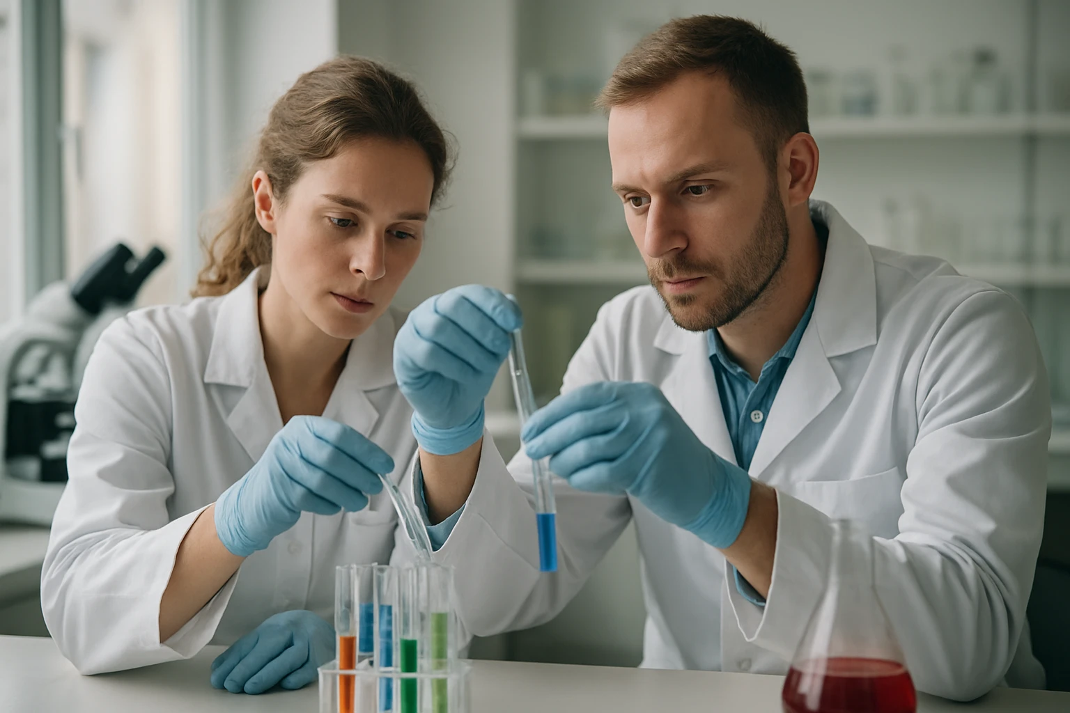 Két laboratóriumi kutató kémiai kísérletet végez