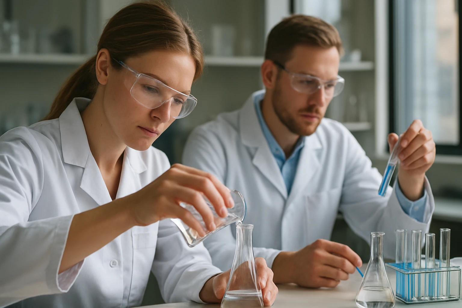 Két kémikus laboratóriumban, a niobium és kolumbit kutatása érdekében kísérleteznek.