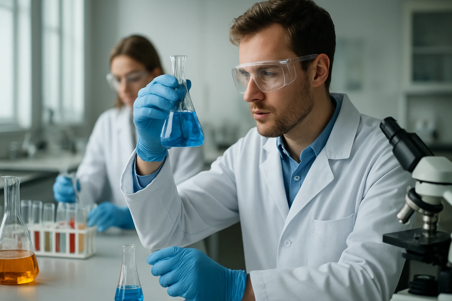 Kémikus kék folyadékkal teli lombikot vizsgál