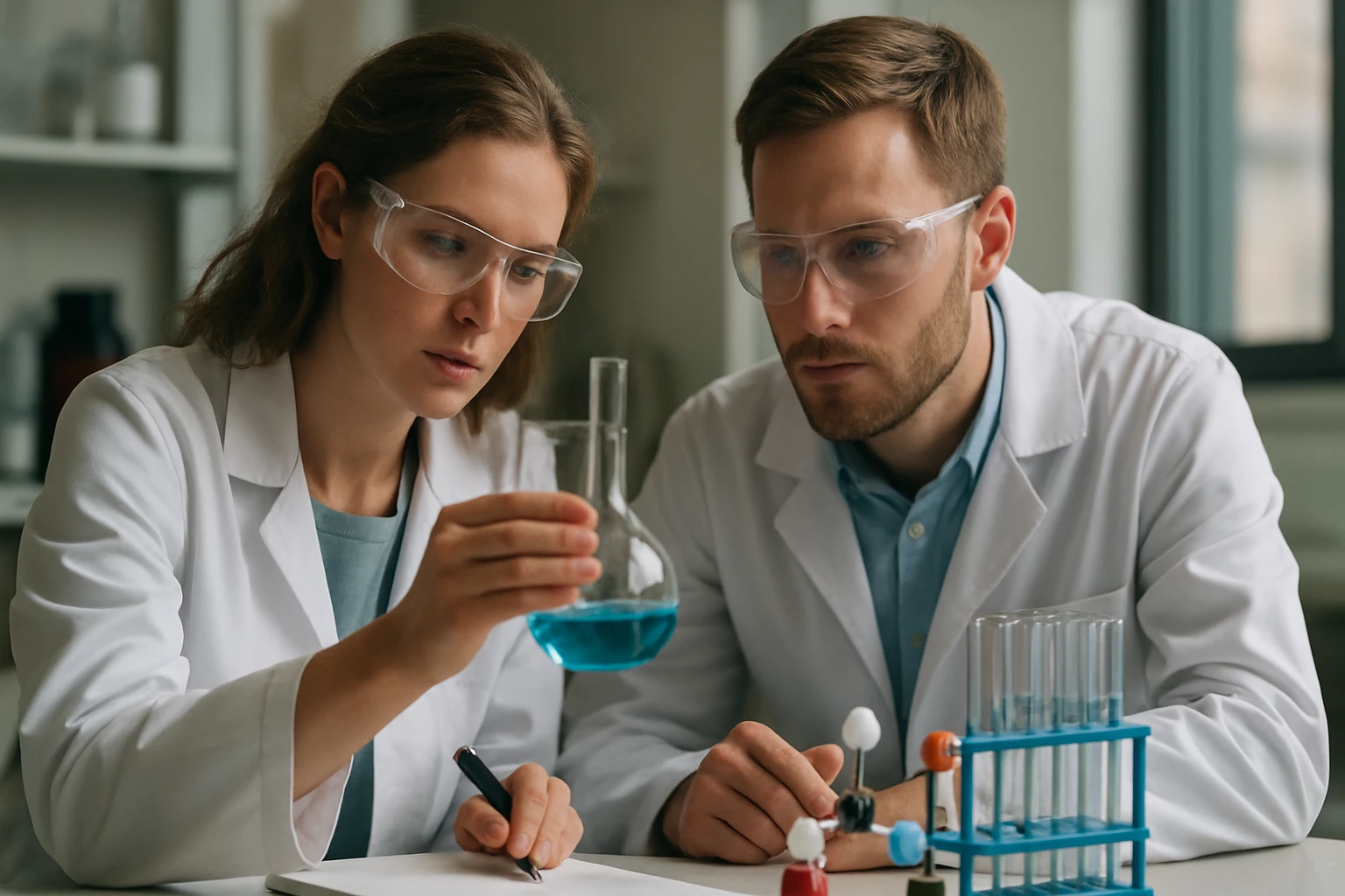 Két tudós laboratóriumi kísérletet végez az ebonit tulajdonságairól.