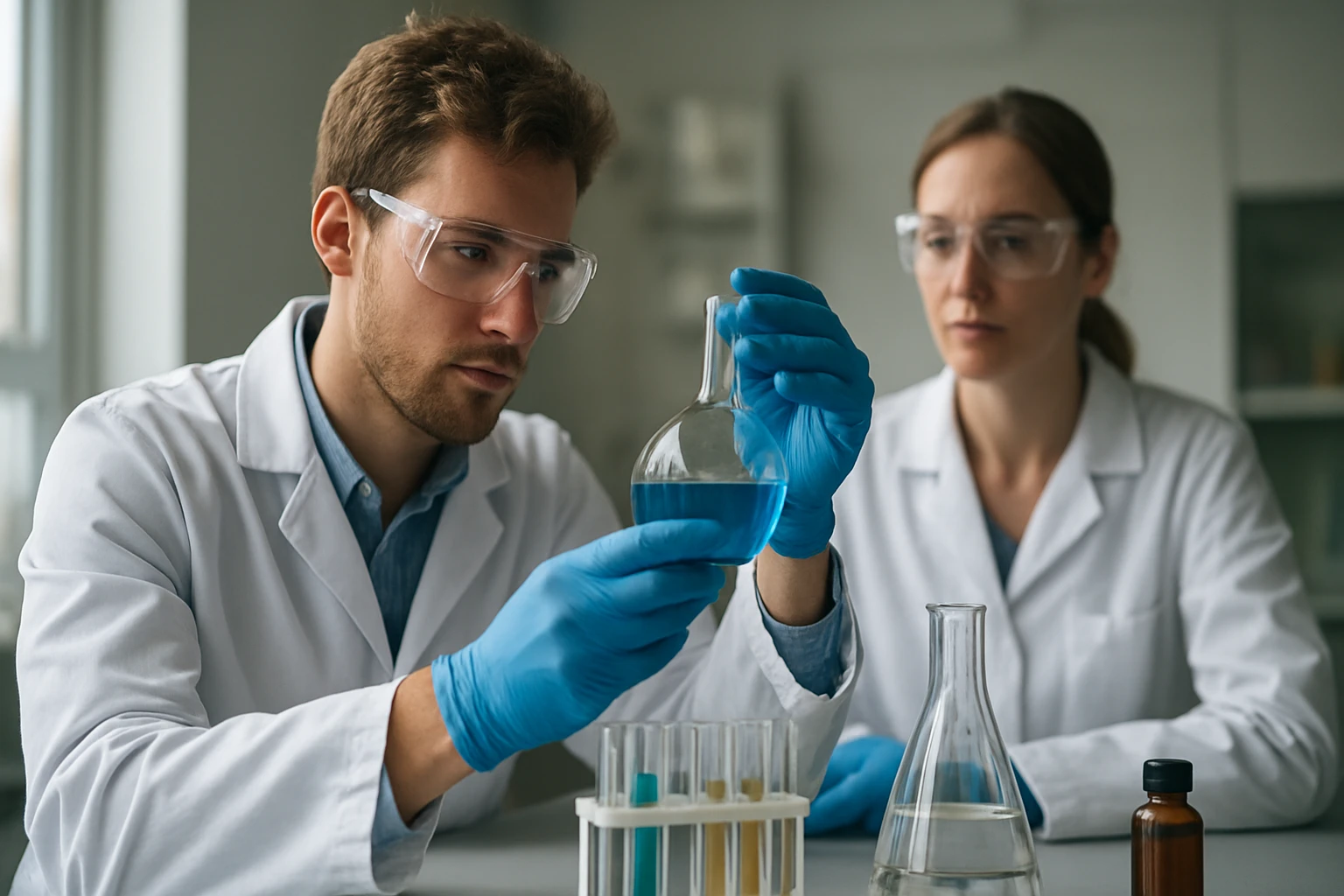 Kémikusok laboratóriumban folyadékokat vizsgálnak